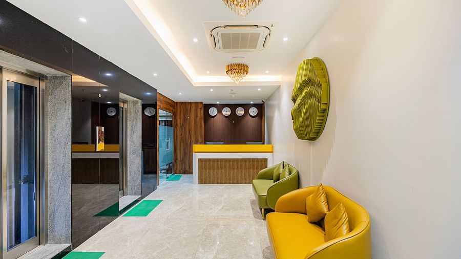 Lemonridge Hotels, KPHB |  view of the lobby seating area, showcasing the stylish decor and comfortable furniture.